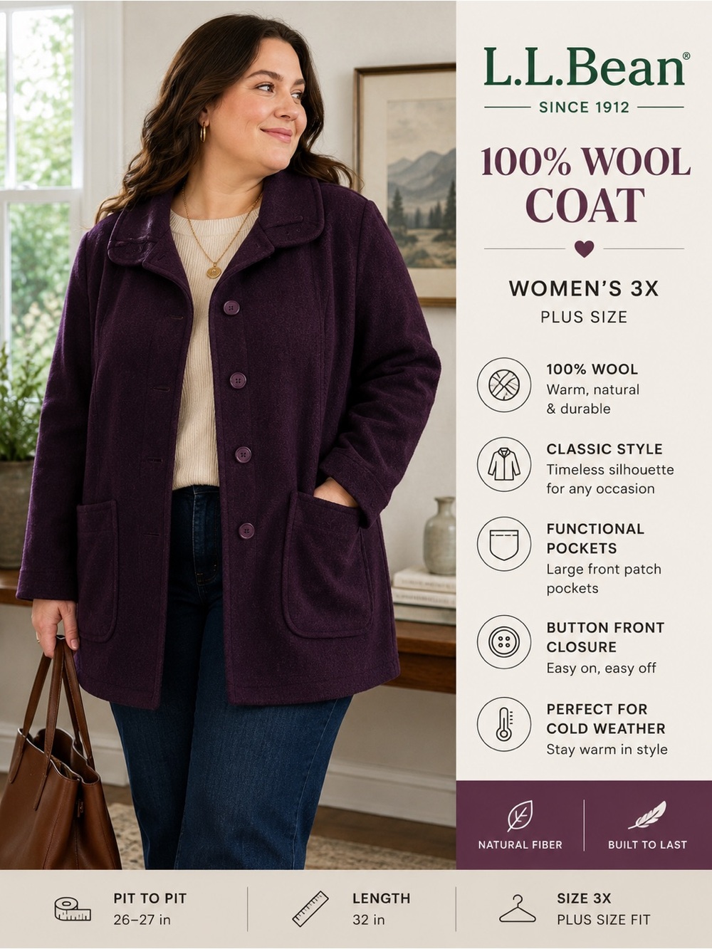 L.L. Bean 100% Wool Coat Womens 3X Purple Plum Button Front Jacket Plus Size